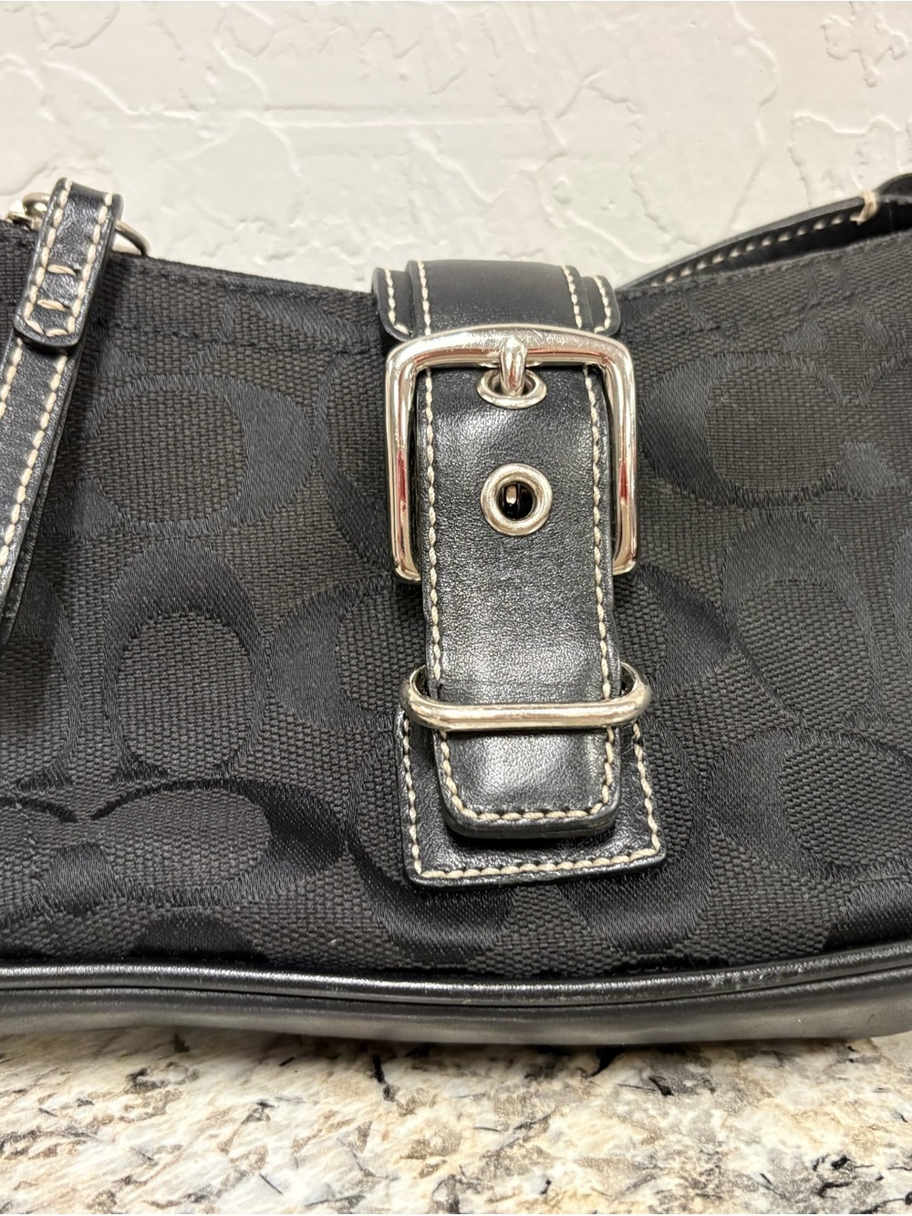 Black Logo-Pattern Shoulder Bag with Buckle Detail